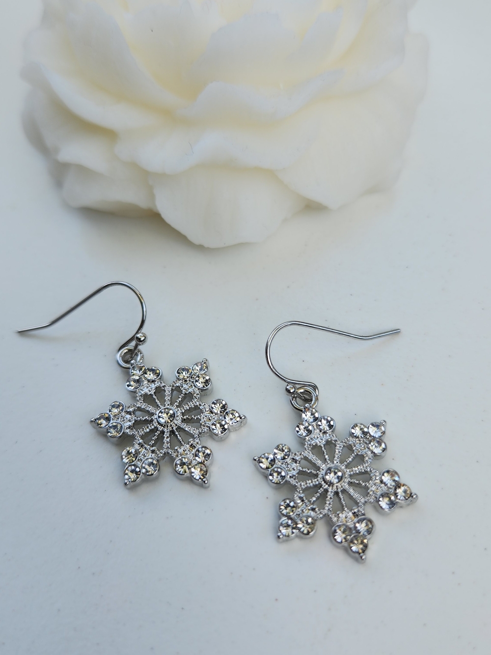 Silver-toned Snowflake Crystal Drop Earrings - Women Jewelry